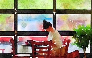 Woman in Cafe. Art by Linda Naiman